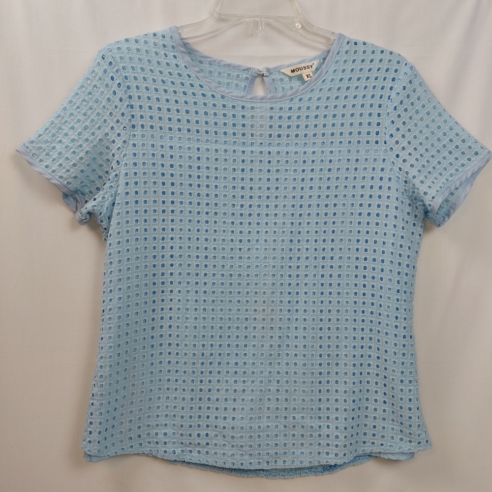 Moussy Pale Blue Eyelet Short Sleeve Top‎ Women's Size XL Tank Lined